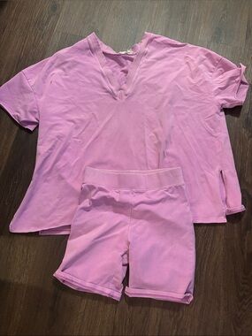 Women's Pink V-Neck Lounge Set with Bike Shorts